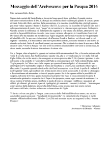 Messaggio dell`Arcivescovo per la Pasqua 2016