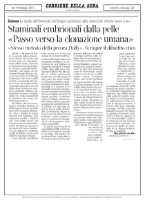 Staminali embrionali dalla pelle «Passo verso la