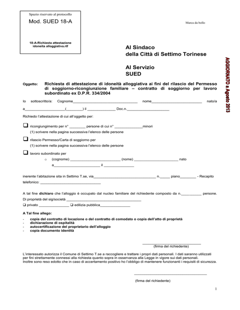 Modulo Di Richiesta Attestazione Di Idoneit Alloggiativa