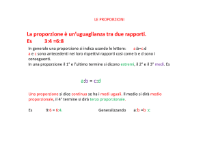 La proporzione è un`uguaglianza tra due rapporti. Es 3:4 =6:8 a:b = c:d