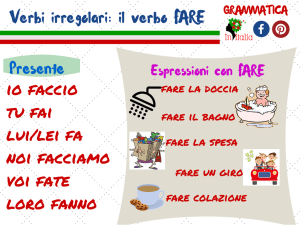 Verbi irregolari: il verbo FARE Presente io faccio tu fai lui/lei fa noi