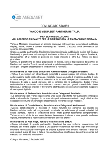 comunicato stampa yahoo e mediaset partner in italia