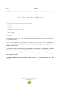Verifica di algebra – Sistemi e problemi di primo grado