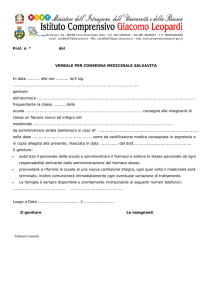 Prot. n. ° del VERBALE PER CONSEGNA MEDICINALE SALVAVITA