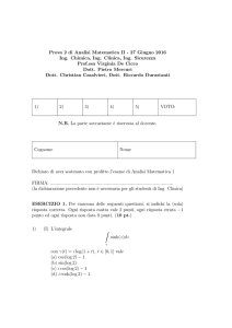 Prova 2 di Analisi Matematica II - 27 Giugno 2016 Ing. Chimica, Ing