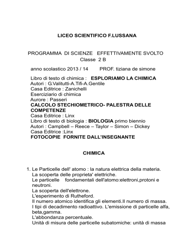 LICEO SCIENTIFICO F.LUSSANA PROGRAMMA DI SCIENZE