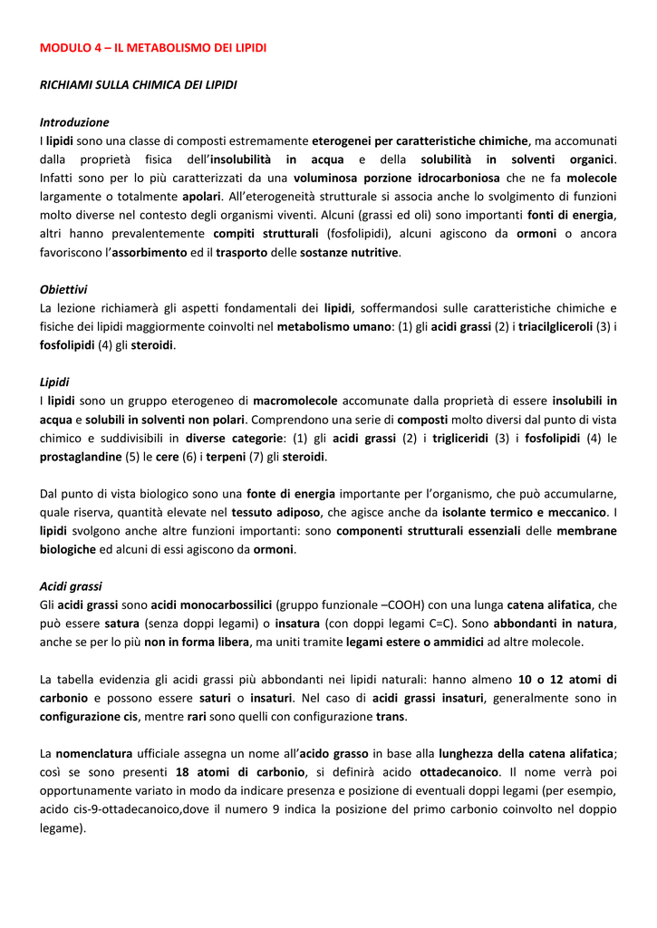 MODULO 4 – IL METABOLISMO DEI LIPIDI
